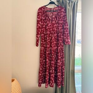 Free People Burgundy Floral V-Neck Long Sleeve Maxi Dress